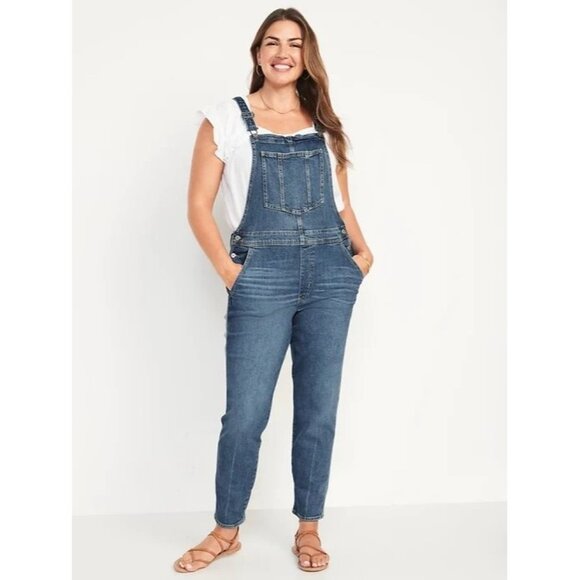 Old Navy Women's O.G. Straight Medium-Wash Jean Overalls Size 0 - Picture 1 of 6